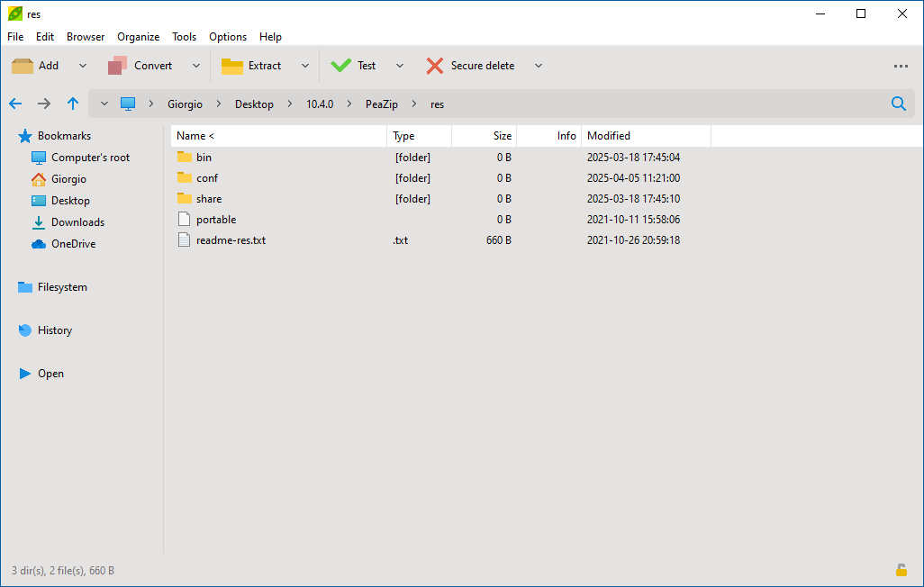 Pea Zip dark mode interface on Windows